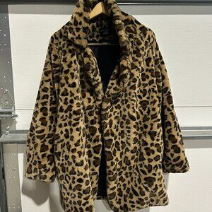 Love Tree Leopard Print Faux Fur Coat Jacket Brown Black Plush